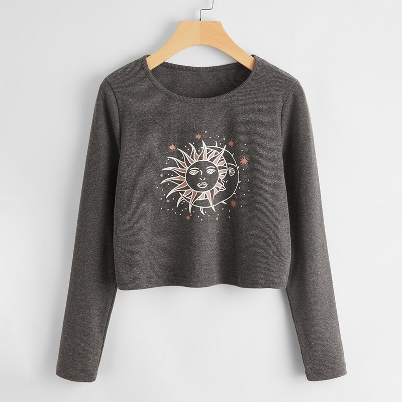 Sun & Moon Graphic Ribbed Crop Tee, Dark grey