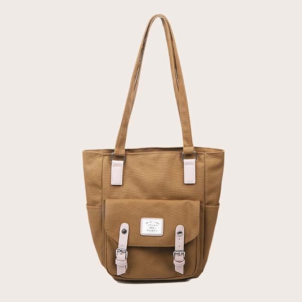 

Pin Buckle Front Canvas Tote Bag, Brown