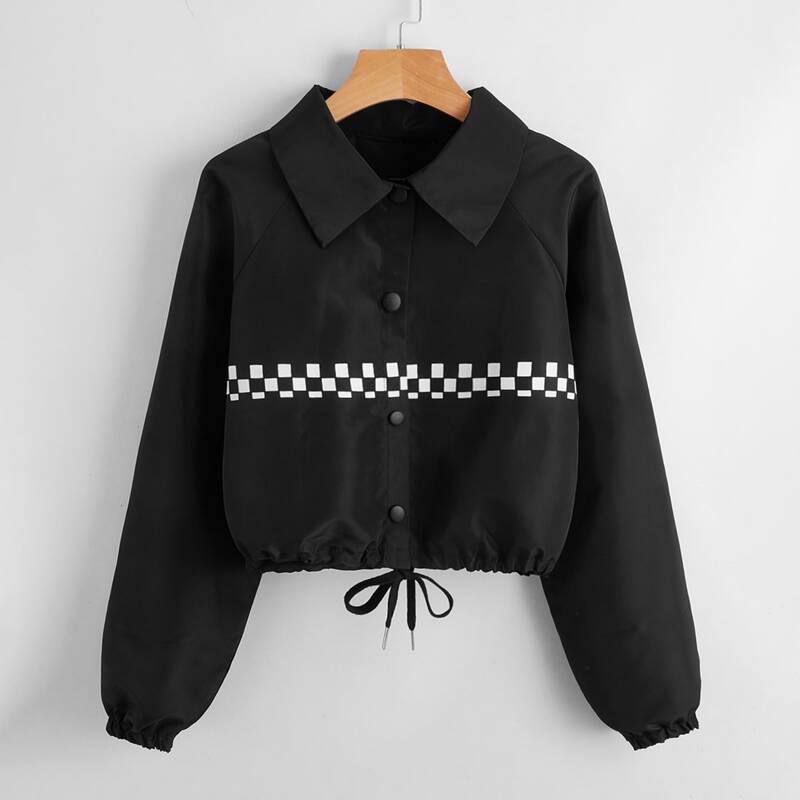 

Plaid Button Front Drawstring Jacket, Black