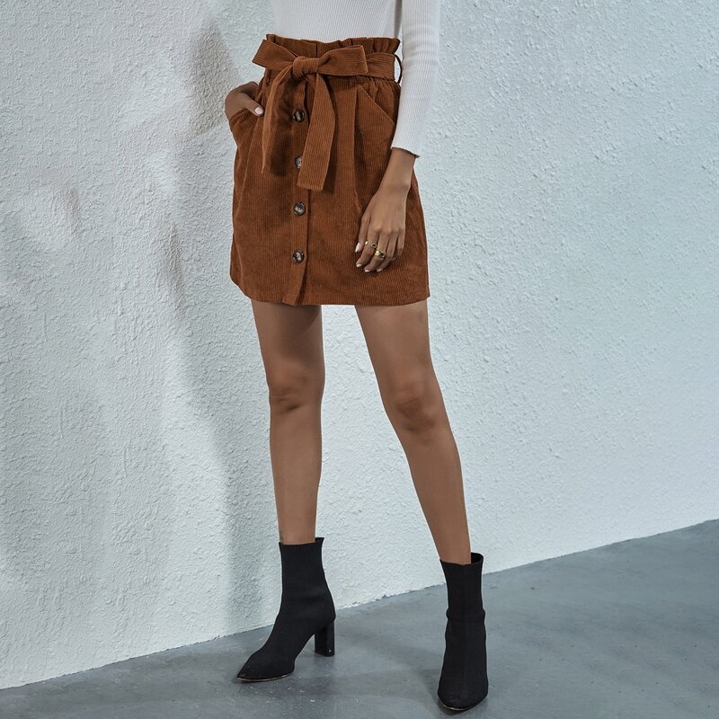 

Corduroy Paperbag Waist Belted Straight Skirt, Brown