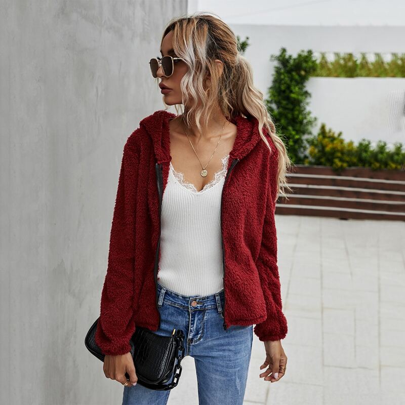 

Zip Up Hooded Teddy Jacket, Burgundy