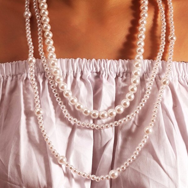 

Faux Pearl Beaded Layered Necklace, White