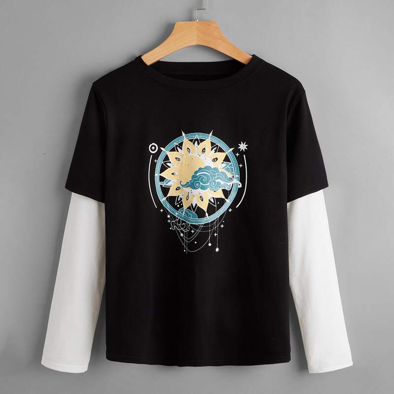 

2 In 1 Colorblock Graphic Tee, Black and white