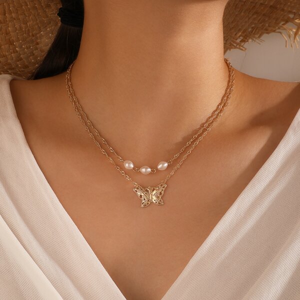 

Butterfly Pendant Layered Necklace, Gold