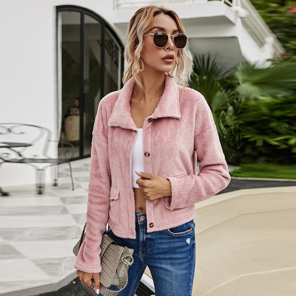 

Drop Shoulder Button Front Shearling Jacket, Baby pink