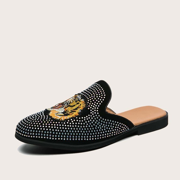 

Men Allover Rhinestone Detail Tiger Embroidered Mules, Silver