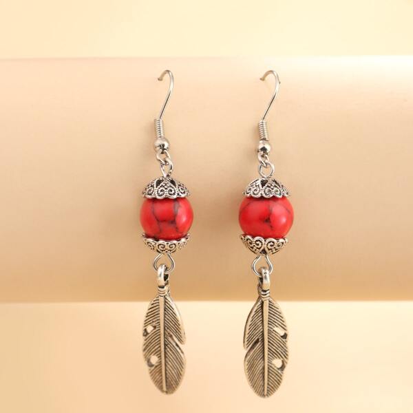 

Vintage Feather Drop Earrings, Red