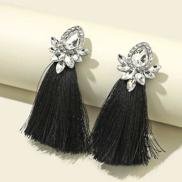 

Gemstone Decor Tassel Drop Earrings, Black