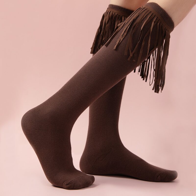 

Fringe Decor Over Calf Socks, Coffee brown