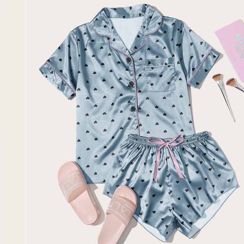 

Satin Heart Print Pocket Front PJ Set, Baby blue