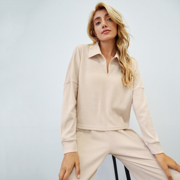 

Waffle Half Zipper Drop Shoulder Lounge Set, Apricot
