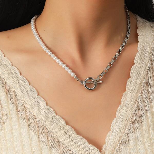

Faux Pearl Decor Necklace, Silver