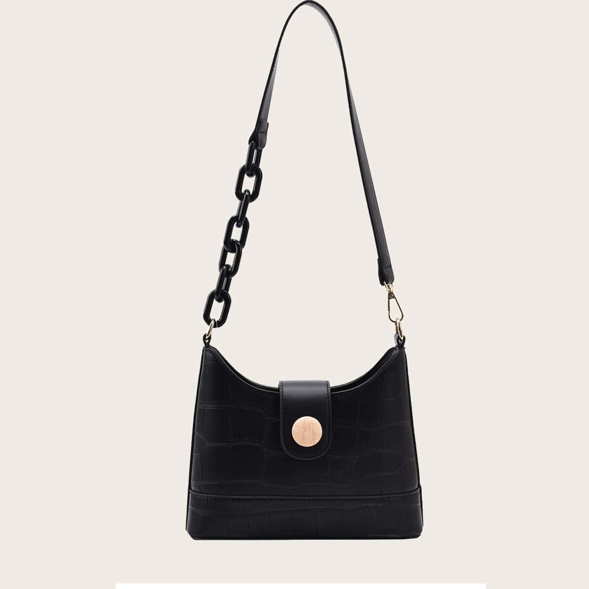 

Croc Embossed Snap Button Shoulder Bag, Black