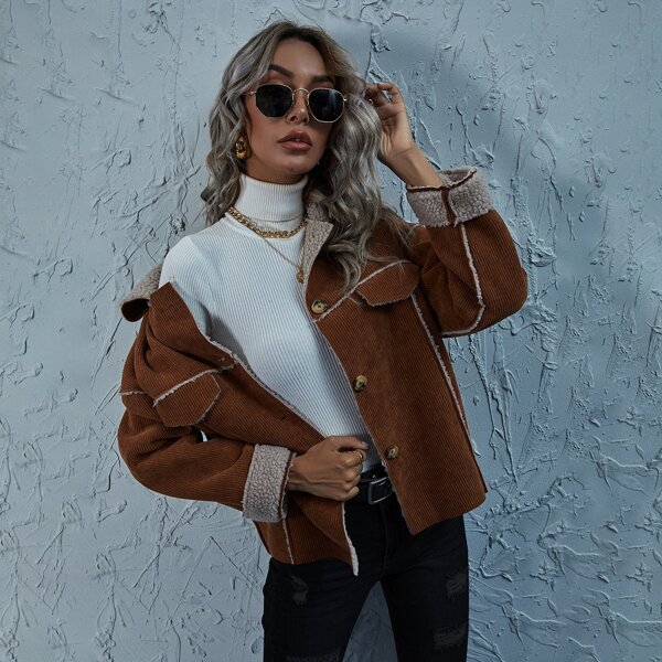 

Corduroy Flap Detail Teddy Lined Coat, Coffee brown