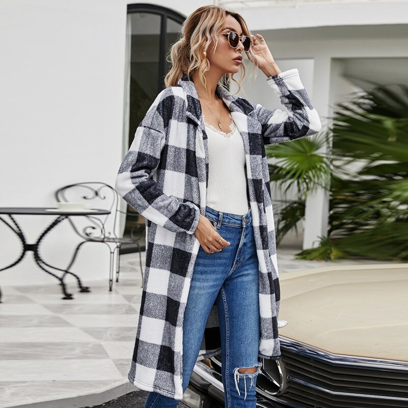 

Buffalo Plaid Single Button Teddy Coat, Black and white