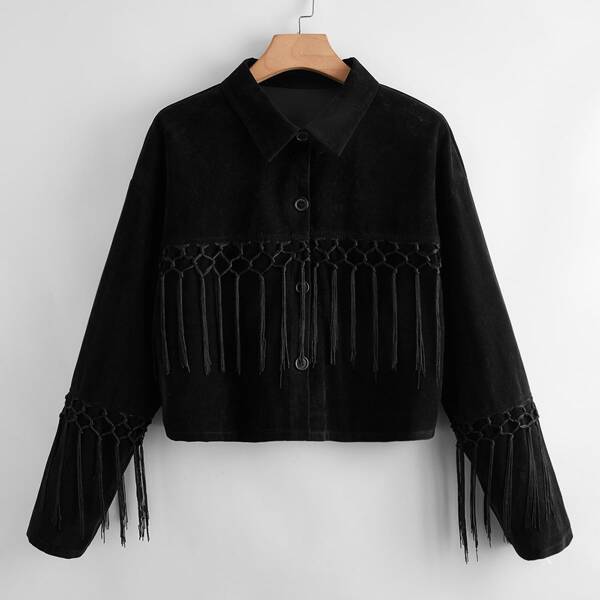 

Plus Fringe Trim Crop Jacket, Black