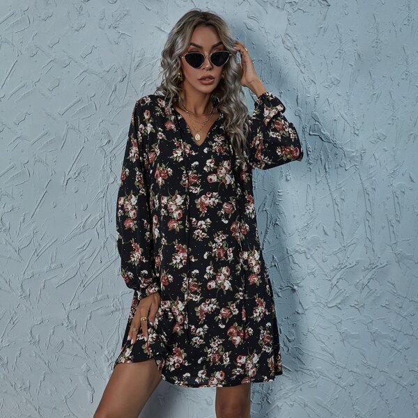 

Floral Tie Neck Bishop Sleeve Tunic Dress, Black