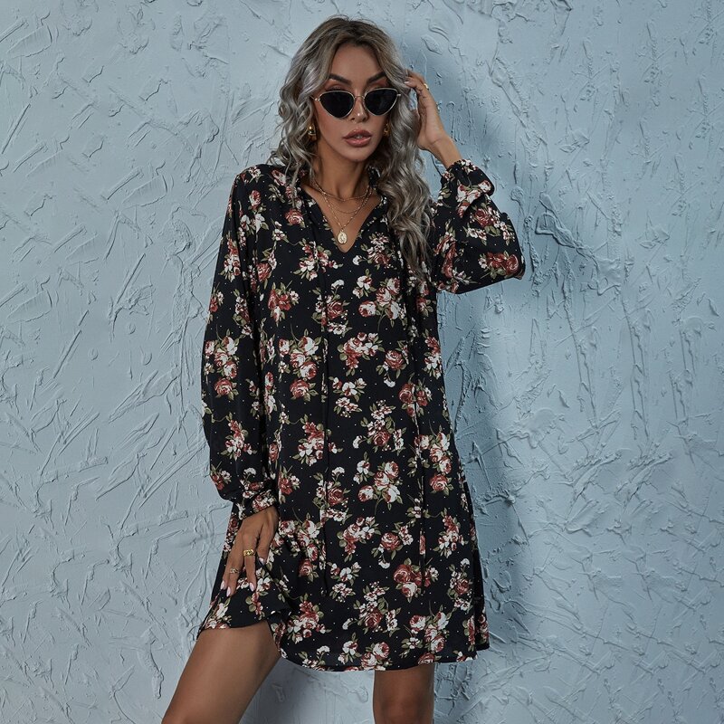 

Floral Tie Neck Bishop Sleeve Tunic Dress, Black