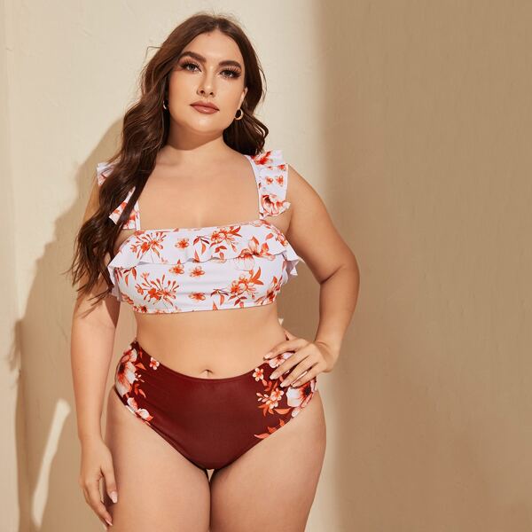 

Plus Floral Ruffle Trim Bikini Swimsuit, Multicolor