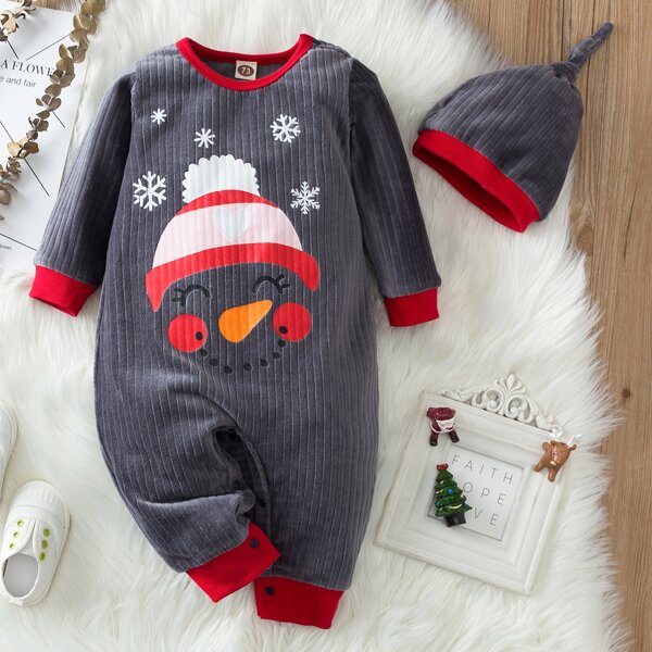 

Baby Boy Snowflake & Snowman Print Jumpsuit With Hat, Dark grey