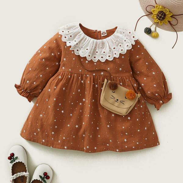 

Baby Girl Polka Dot & Star Print Eyelet Embroidered Babydoll Dress, Brown