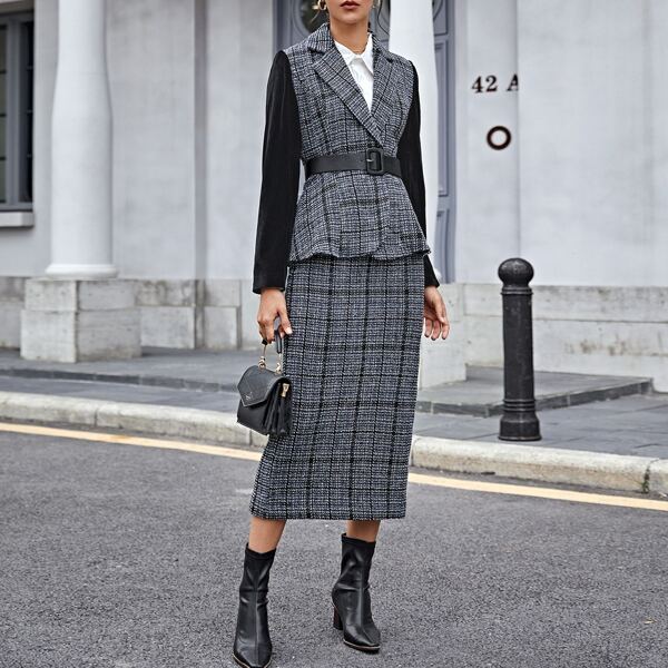

Tweed Contrast Sleeve Belted Blazer & Straight Skirt, Multicolor