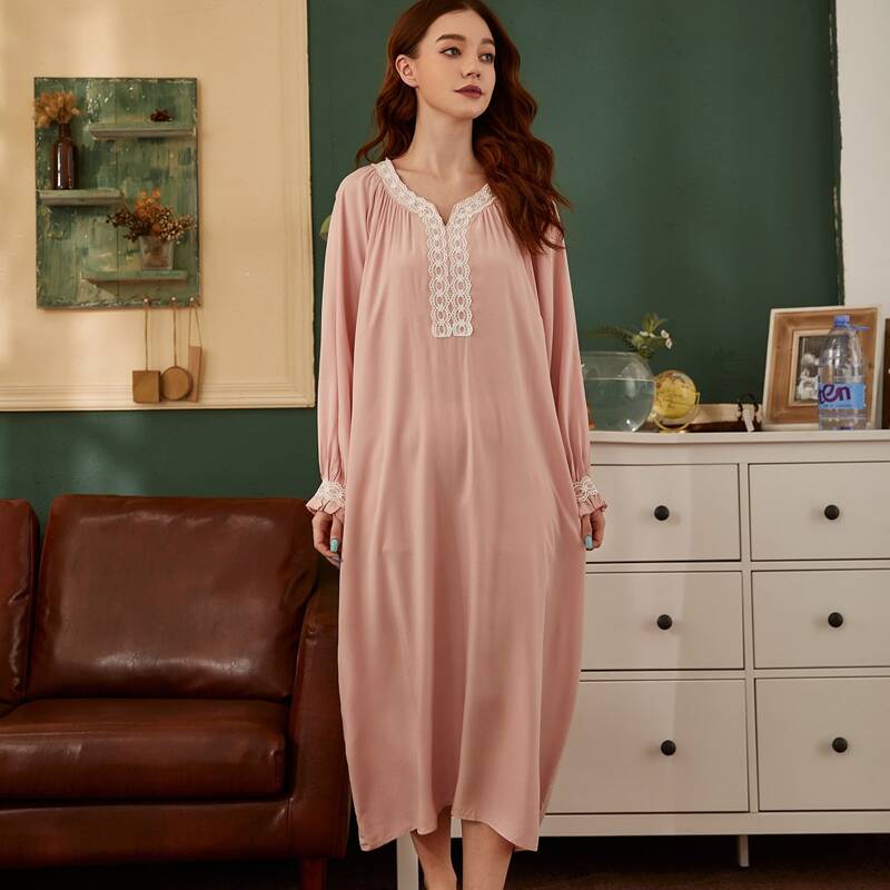

Notch Neck Lace Trim Night Dress, Dusty pink