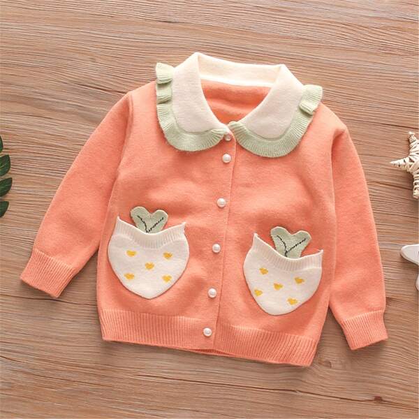 

Toddler Girls Contrast Collar Dual Pockets Cardigan, Coral pink