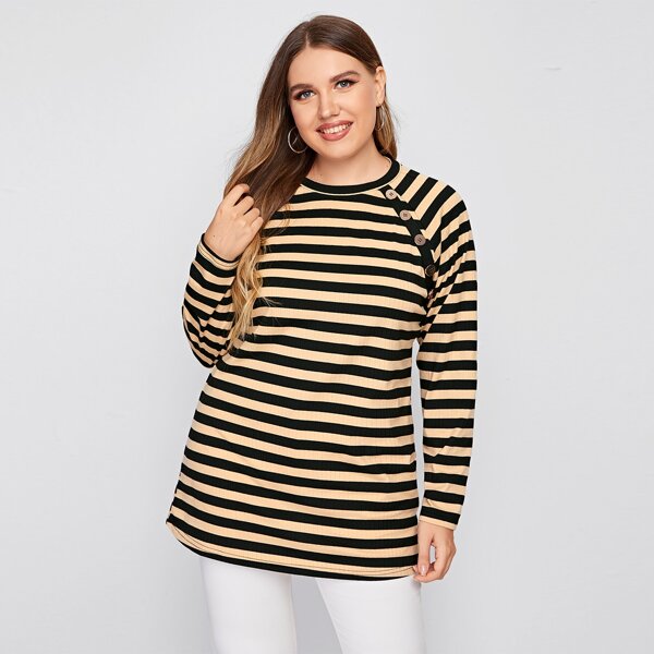 

Plus Striped Button Detail Tee, Multicolor