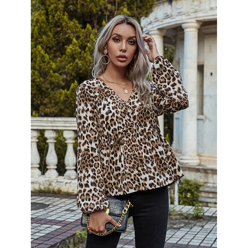 

Button Front Leopard Print Peplum Blouse, Multicolor