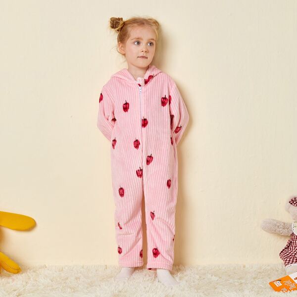 

Toddler Girls Strawberry Print Hooded Plush Onesie, Pink