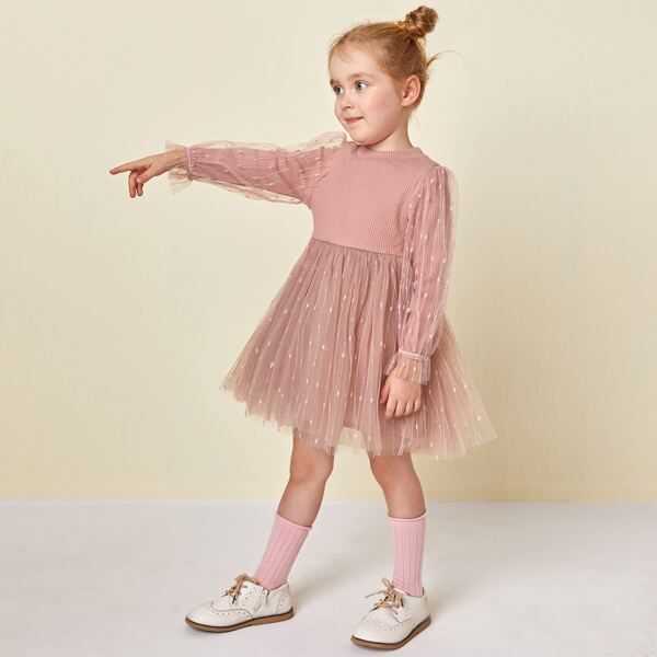 

Toddler Girls Contrast Dobby Mesh Rib-Knit Smock Dress, Dusty pink