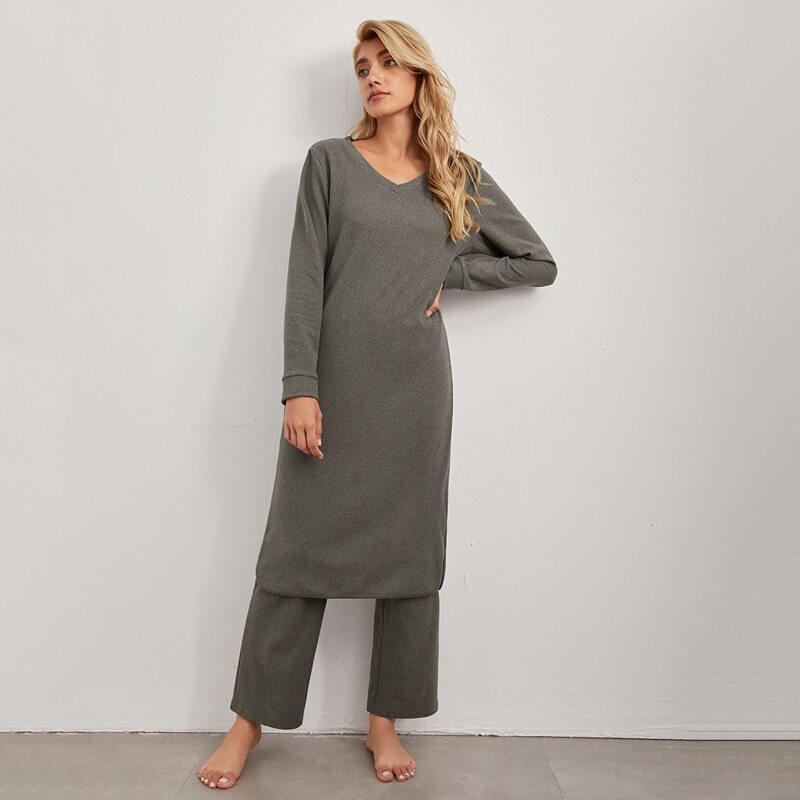 

Split Hem Top & Pants Lounge Set, Dark grey