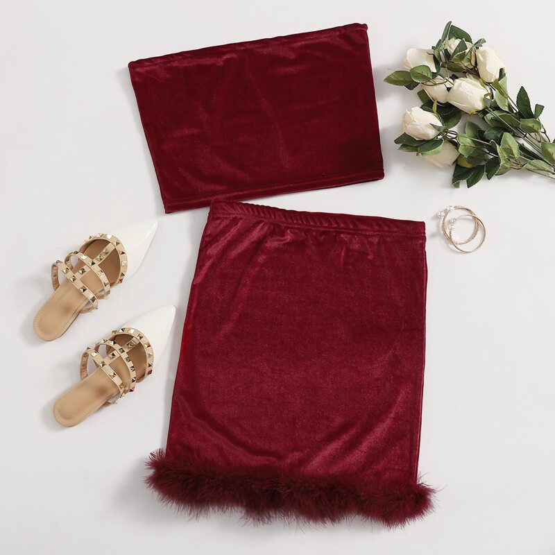 

Velvet Solid Tube Top & Skirt, Burgundy