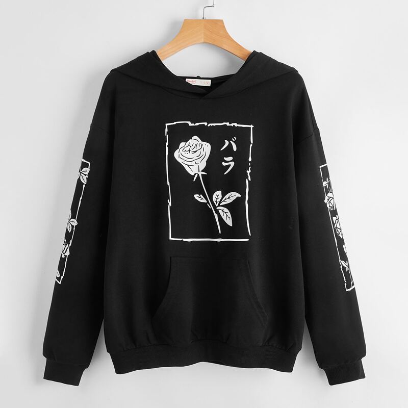 

Japanese Letter Floral Graphic Hoodie, Black