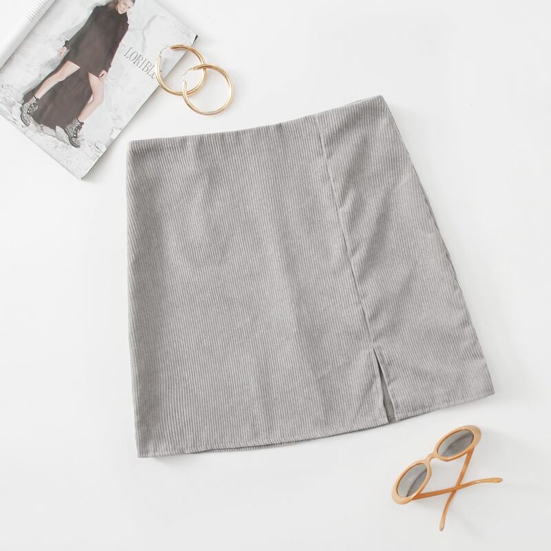 

Split Hem Zipper Back Corduroy Skirt, Light grey