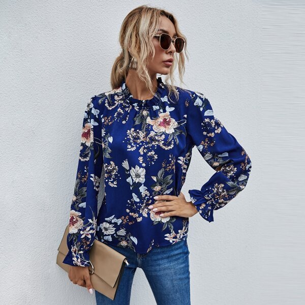 

Floral Print Frill Neck Blouse, Navy blue