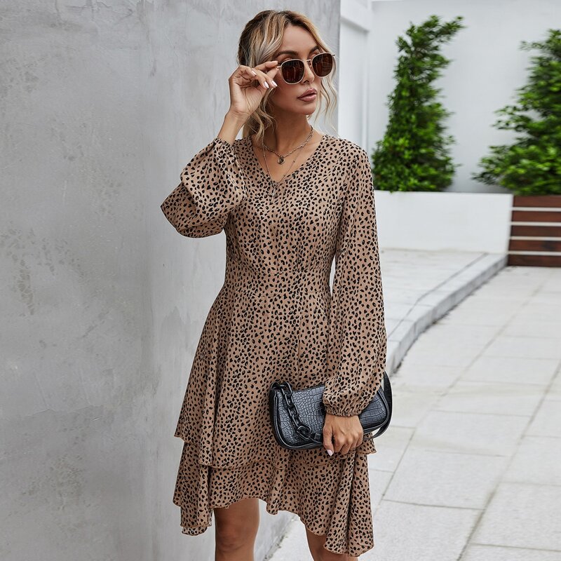 

Allover Print Layered Hem A-Line Dress, Camel