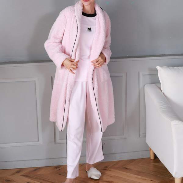 

Cat Print Contrast Binding Pocket Flannel Robe, Baby pink