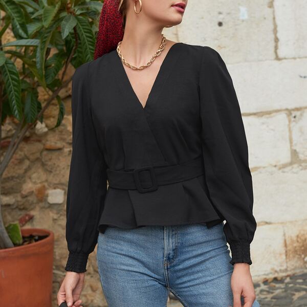 

Surplice Front Belted Peplum Blouse, Black