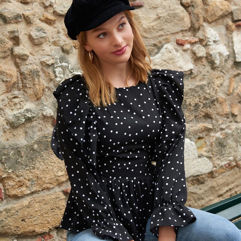 

Polka Dot Ruffle Trim Tie Back Backless Blouse, Black