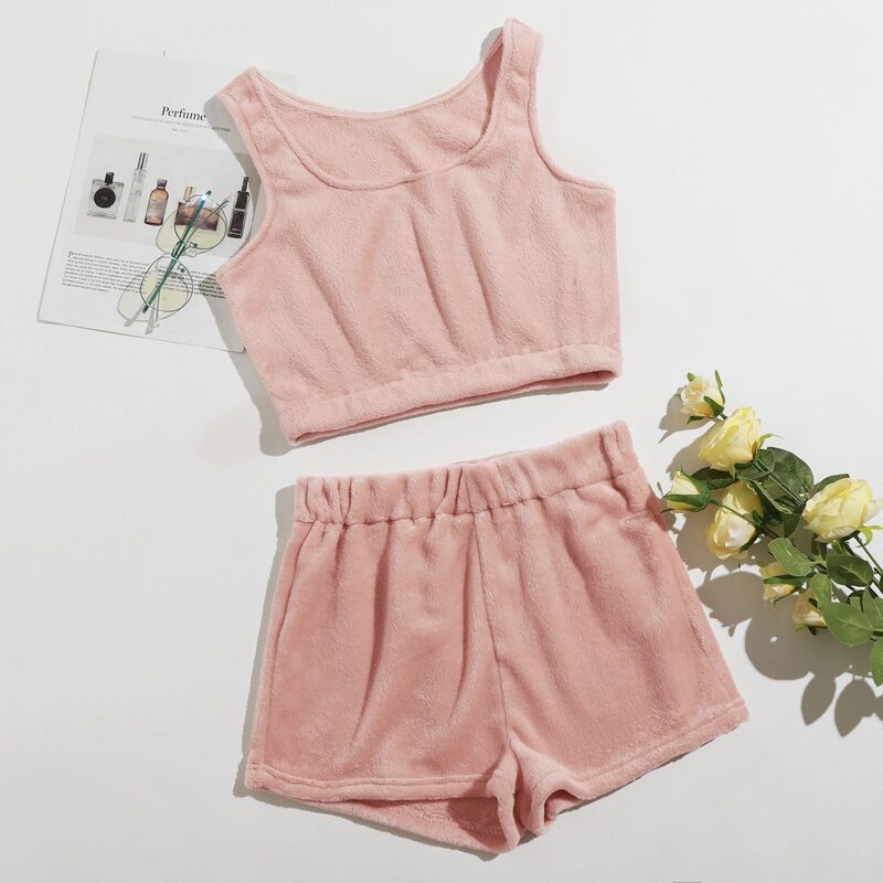 

Solid Crop Flannel Tank Top & Shorts PJ Set, Baby pink