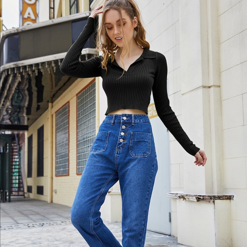 

Solid Crop Knit Sweater, Black