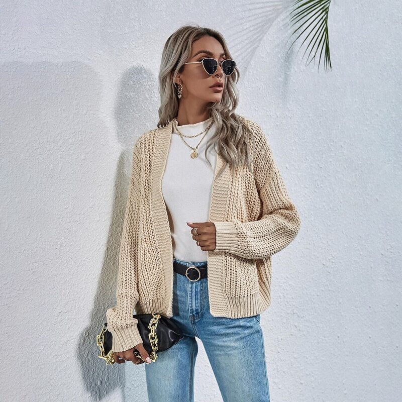 

Ribbed Knit Drop Shoulder Solid Cardigan, Apricot