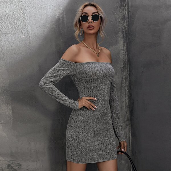 

Off-shoulder Solid Bodycon Dress, Grey