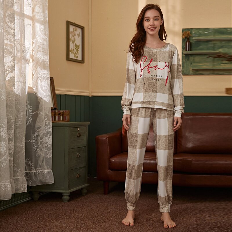 

Gingham And Letter Graphic Pajama Set, Khaki