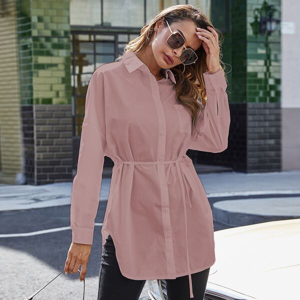 

Belted Curved Hem Tunic Blouse, Dusty pink