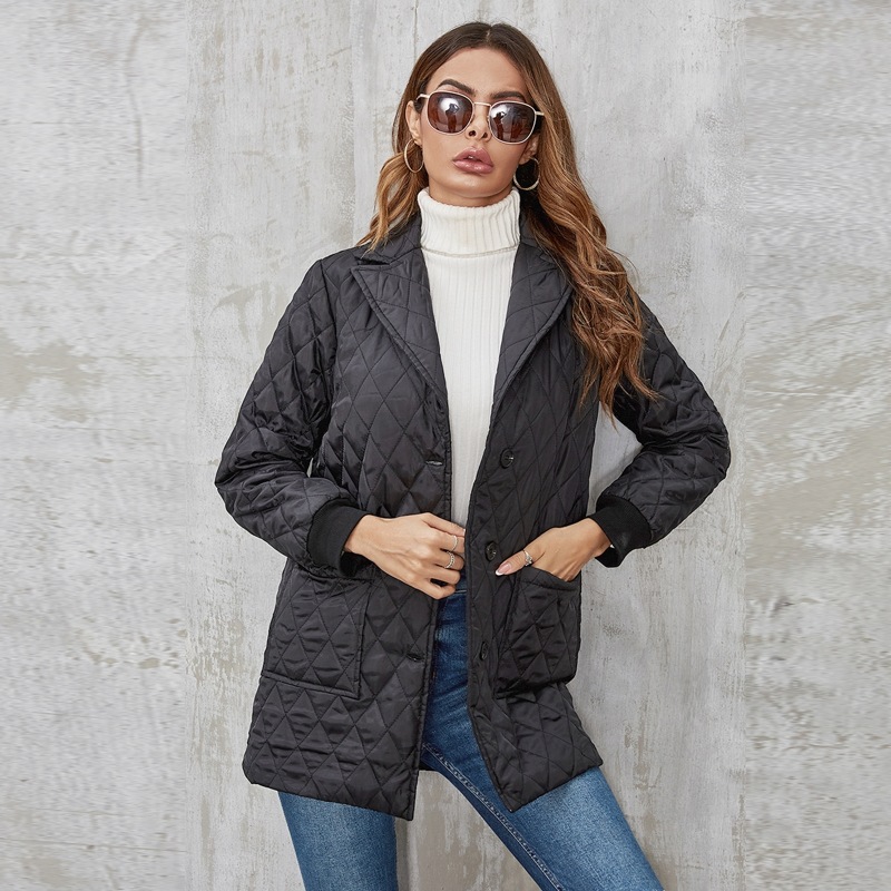 

Dual Pocket Lapel Collar Padded Coat, Black