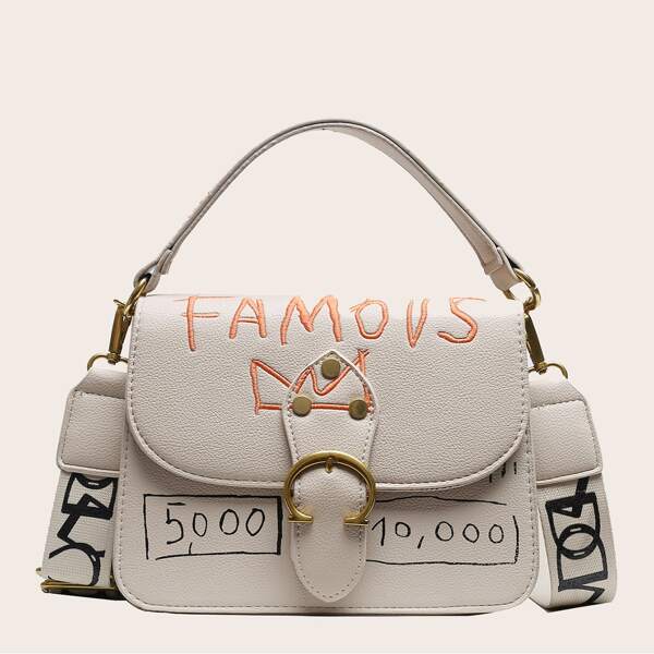 

Letter Embroidered Buckle Decor Satchel Bag, Beige
