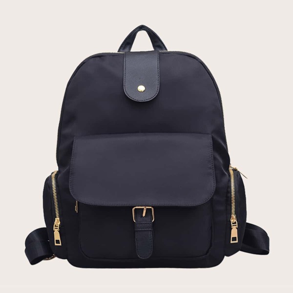 

Buckle Decor Pocket Front Backpack, Black